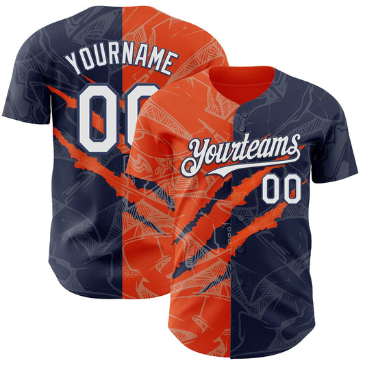 Custom Graffiti Pattern White Navy-Orange 3D Scratch Authentic Baseball Jersey - Main View
