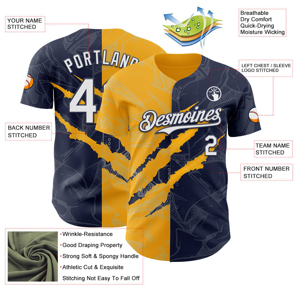 Custom Graffiti Pattern White Navy-Gold 3D Scratch Authentic Baseball Jersey view 3