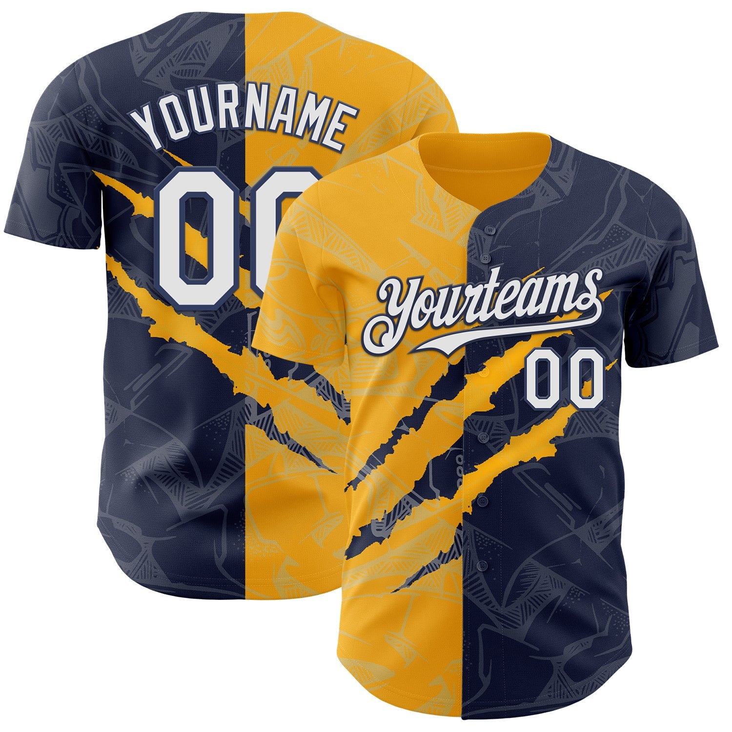 Custom Graffiti Pattern White Navy-Gold 3D Scratch Authentic Baseball Jersey - Main View