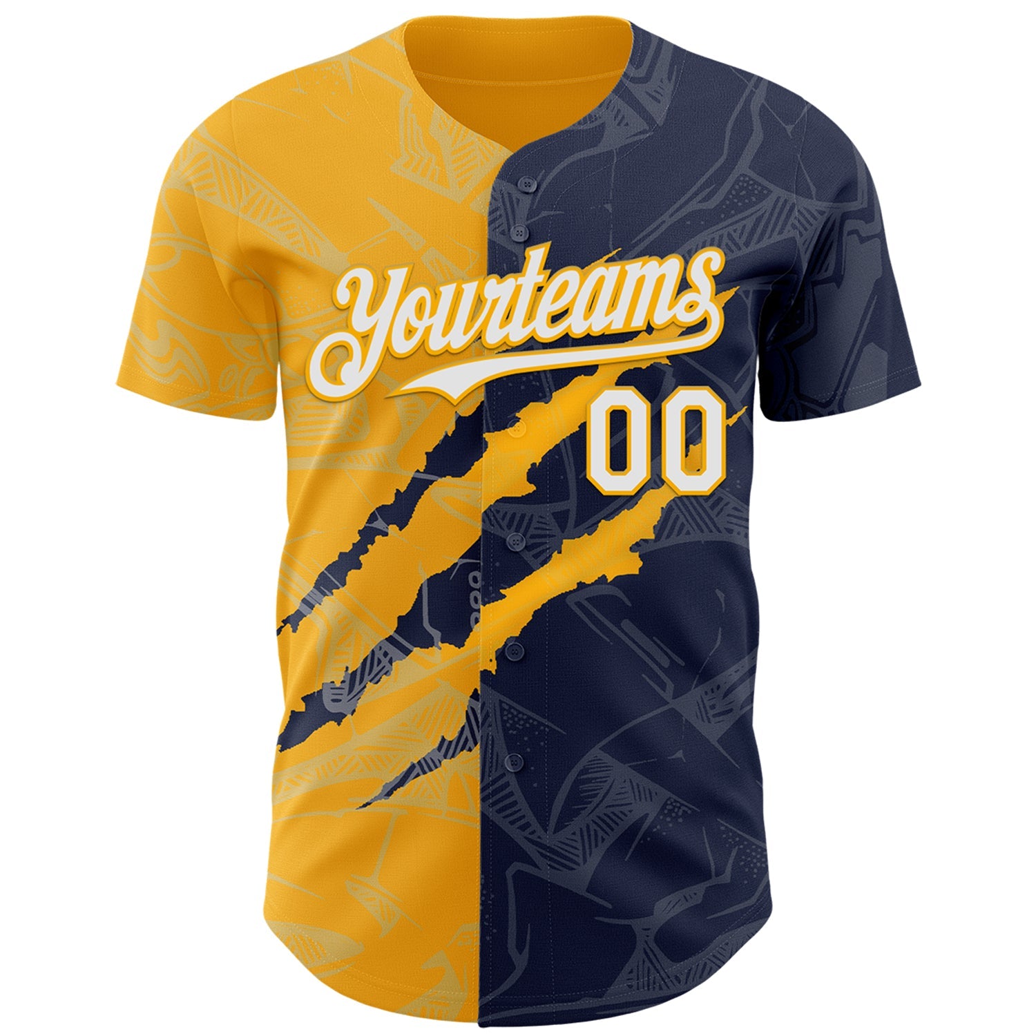 Custom Graffiti Pattern White Navy-Gold 3D Scratch Authentic Baseball Jersey view 2