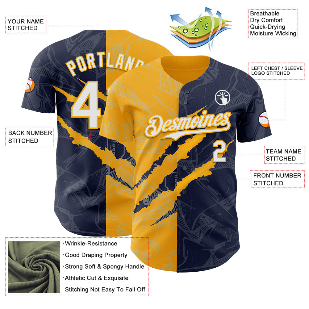 Custom Graffiti Pattern White Navy-Gold 3D Scratch Authentic Baseball Jersey view 3
