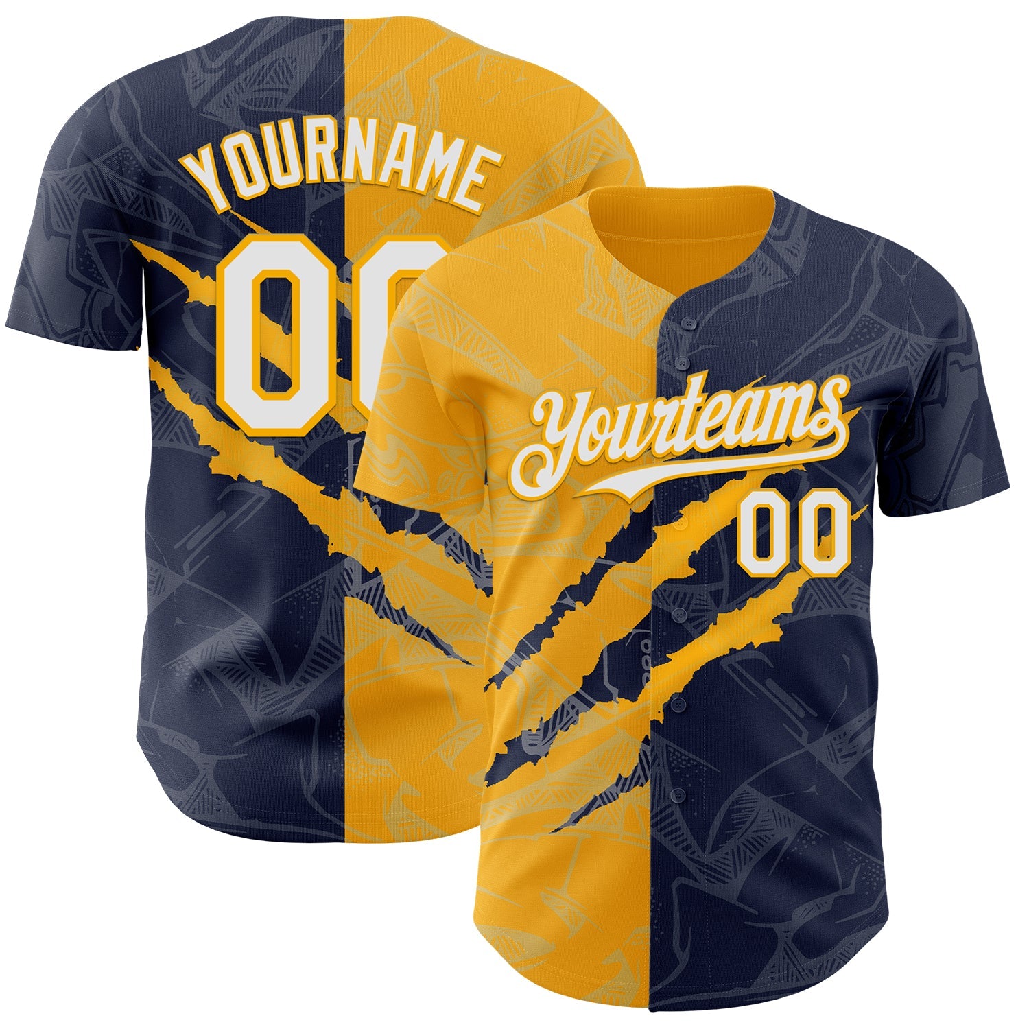 Custom Graffiti Pattern White Navy-Gold 3D Scratch Authentic Baseball Jersey - Main View