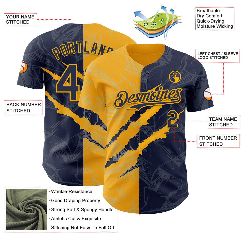 Custom Graffiti Pattern Navy-Gold 3D Scratch Authentic Baseball Jersey view 3