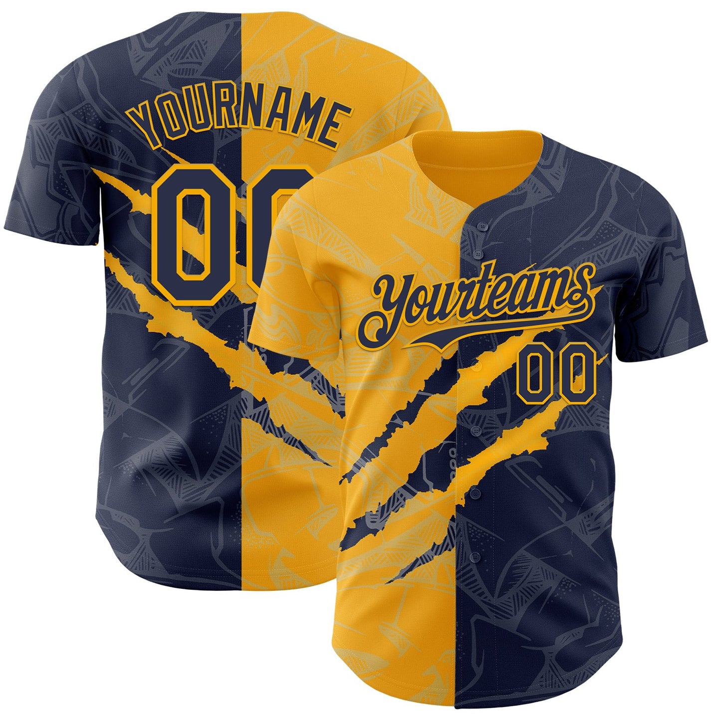 Custom Graffiti Pattern Navy-Gold 3D Scratch Authentic Baseball Jersey - Main View