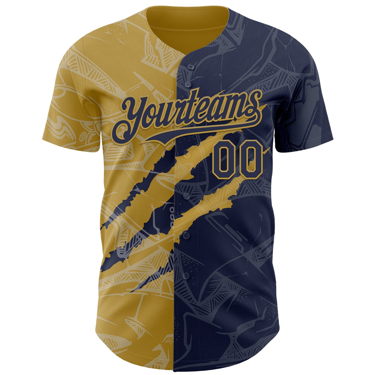 Custom Graffiti Pattern Navy-Old Gold 3D Scratch Authentic Baseball Jersey view 2