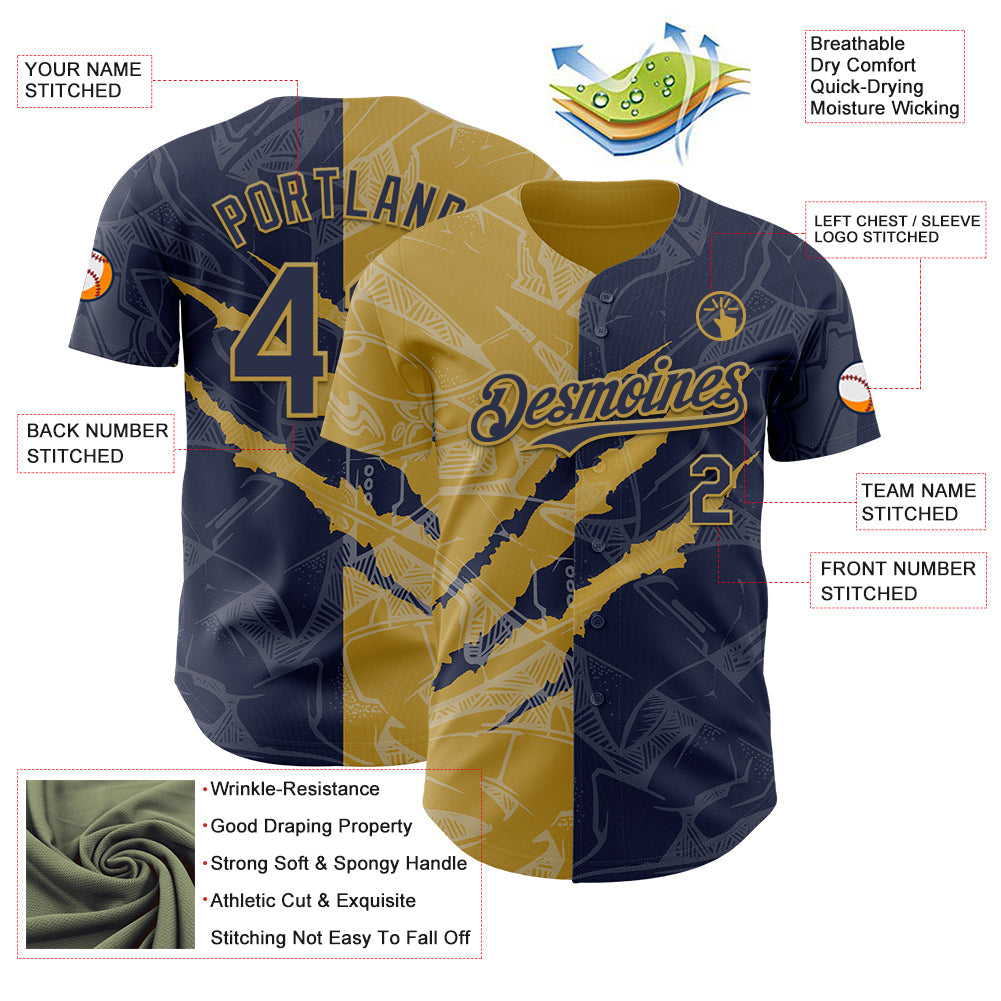 Custom Graffiti Pattern Navy-Old Gold 3D Scratch Authentic Baseball Jersey view 3