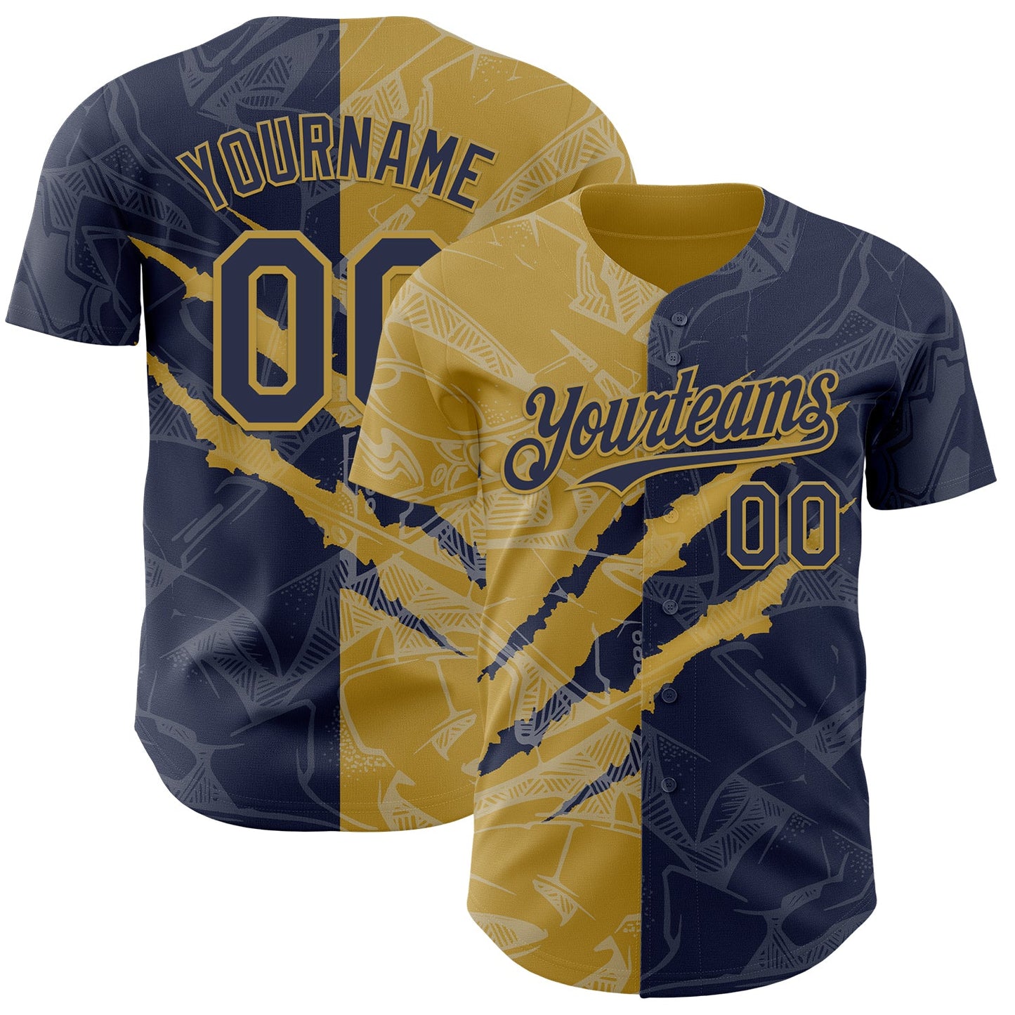 Custom Graffiti Pattern Navy-Old Gold 3D Scratch Authentic Baseball Jersey - Main View