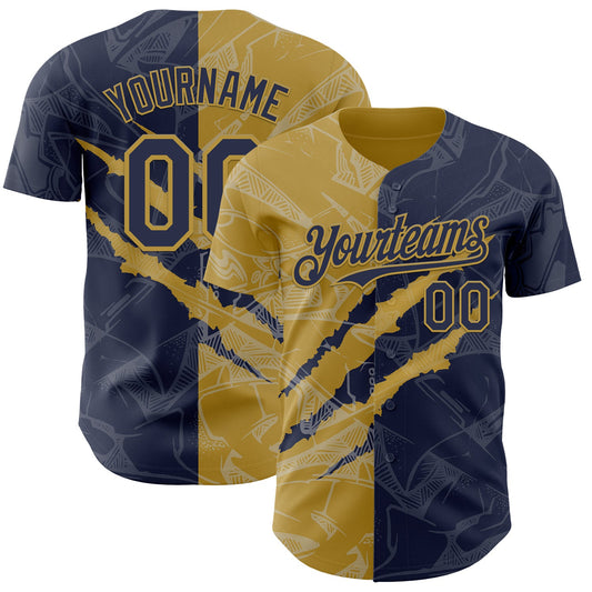 Custom Graffiti Pattern Navy-Old Gold 3D Scratch Authentic Baseball Jersey - Main View