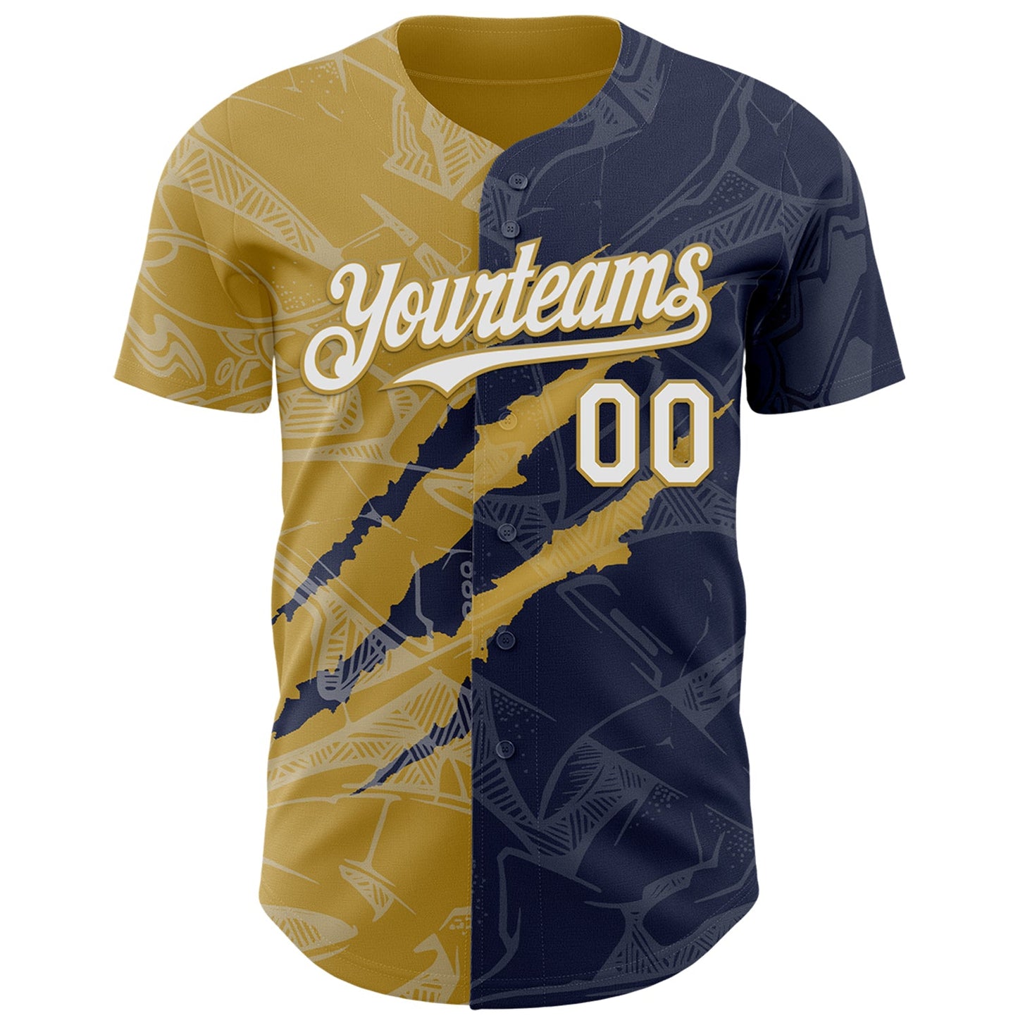 Custom Graffiti Pattern White Navy-Old Gold 3D Scratch Authentic Baseball Jersey view 2
