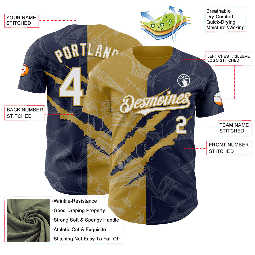 Custom Graffiti Pattern White Navy-Old Gold 3D Scratch Authentic Baseball Jersey view 3