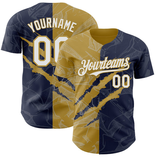 Custom Graffiti Pattern White Navy-Old Gold 3D Scratch Authentic Baseball Jersey - Main View