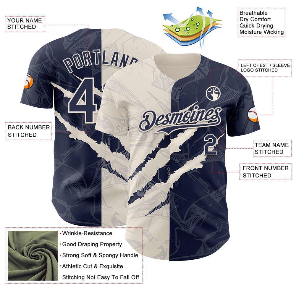 Custom Graffiti Pattern Navy-Cream 3D Scratch Authentic Baseball Jersey view 3