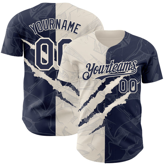 Custom Graffiti Pattern Navy-Cream 3D Scratch Authentic Baseball Jersey - Main View