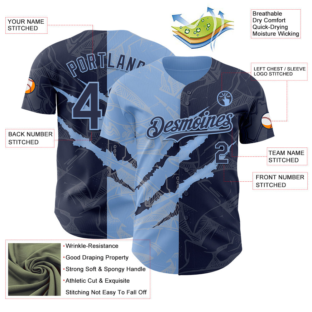 Custom Graffiti Pattern Navy-Light Blue 3D Scratch Authentic Baseball Jersey view 3