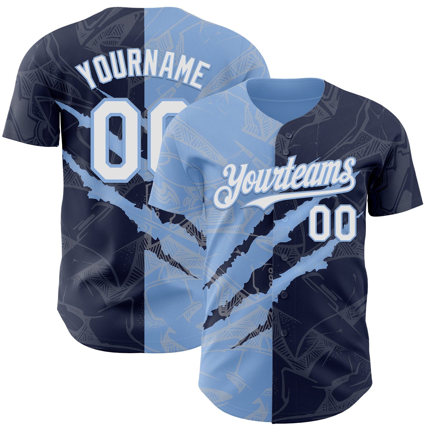 Custom Graffiti Pattern White Navy-Light Blue 3D Scratch Authentic Baseball Jersey - Main View