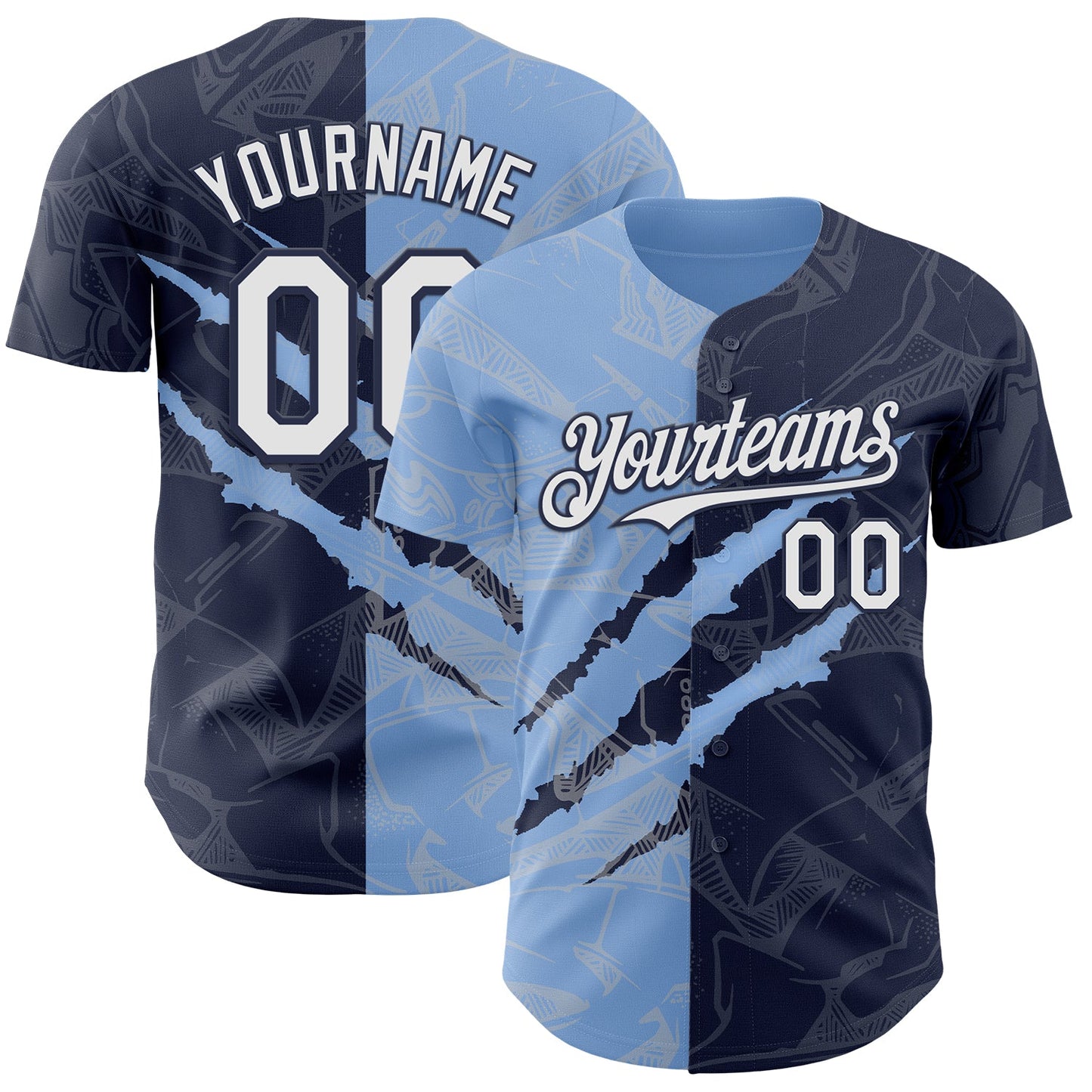 Custom Graffiti Pattern White Navy-Light Blue 3D Scratch Authentic Baseball Jersey - Main View