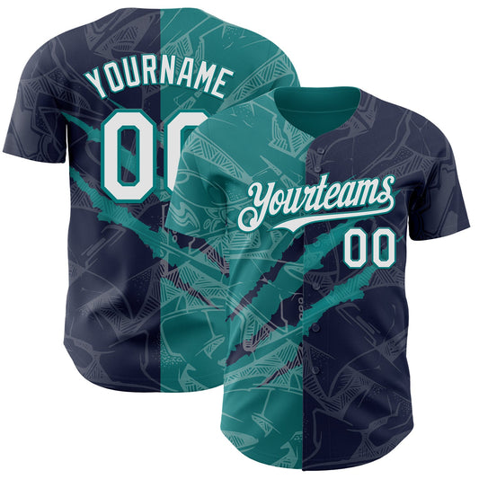 Custom Graffiti Pattern White Navy-Teal 3D Scratch Authentic Baseball Jersey - Main View