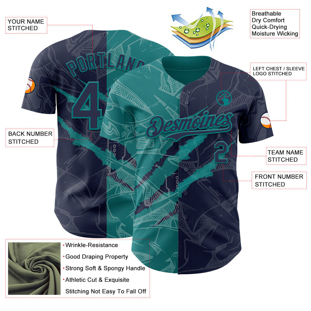 Custom Graffiti Pattern Navy-Teal 3D Scratch Authentic Baseball Jersey view 3