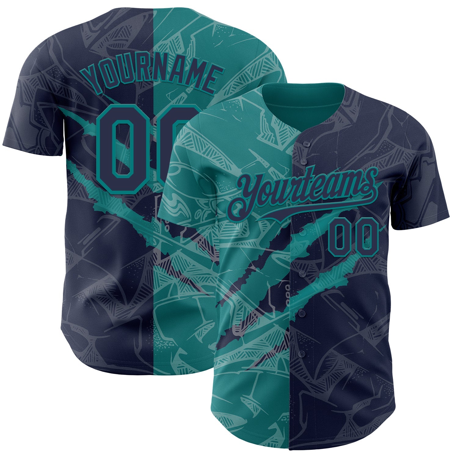 Custom Graffiti Pattern Navy-Teal 3D Scratch Authentic Baseball Jersey - Main View
