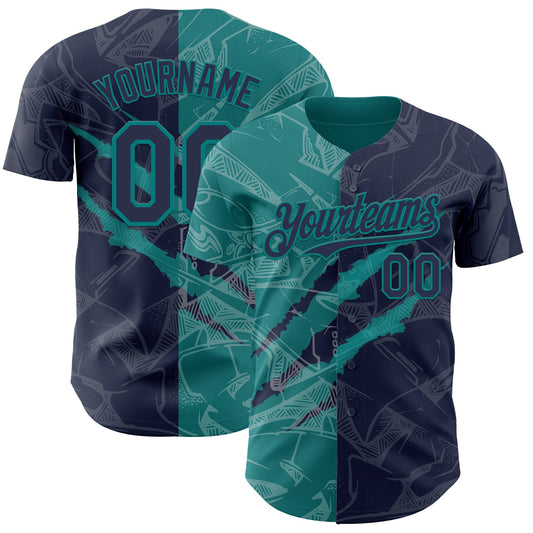 Custom Graffiti Pattern Navy-Teal 3D Scratch Authentic Baseball Jersey - Main View