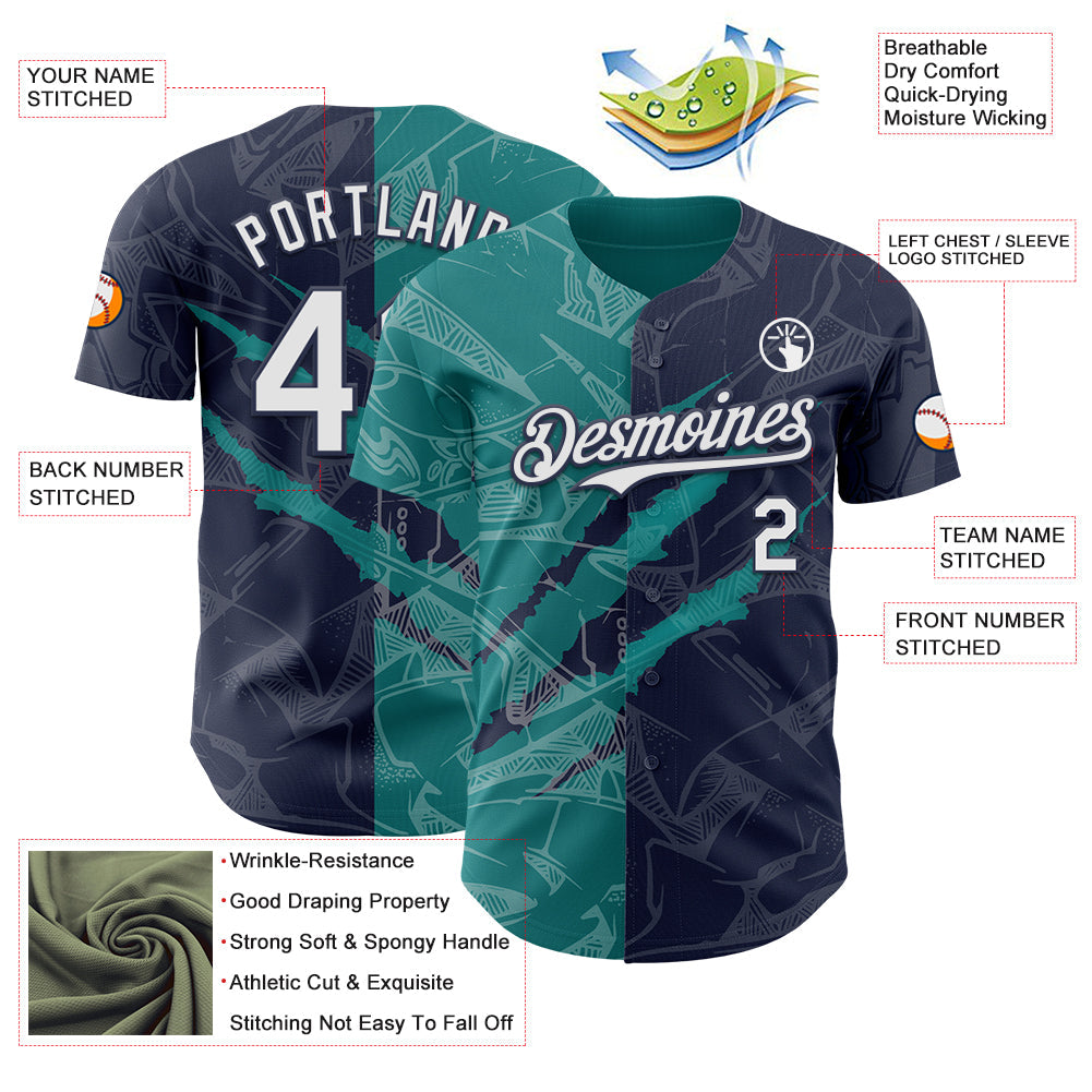 Custom Graffiti Pattern White Navy-Teal 3D Scratch Authentic Baseball Jersey view 3