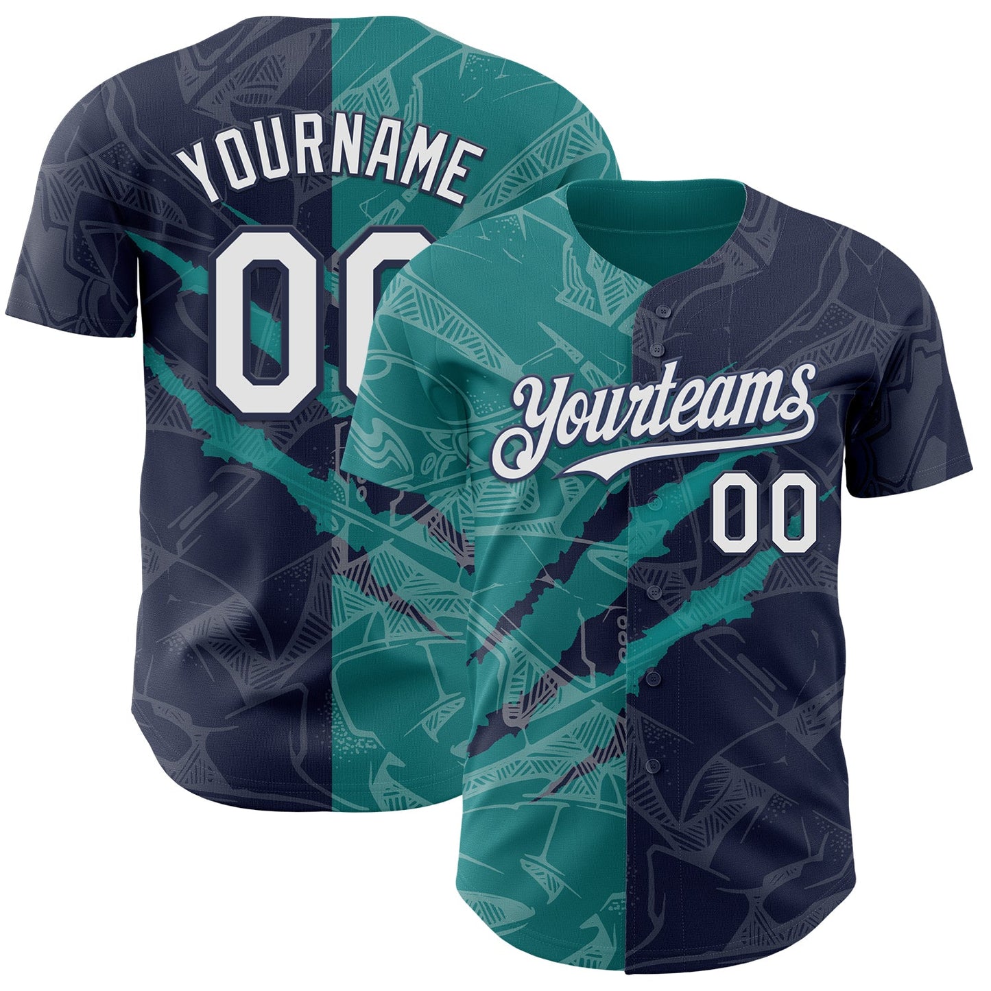 Custom Graffiti Pattern White Navy-Teal 3D Scratch Authentic Baseball Jersey - Main View