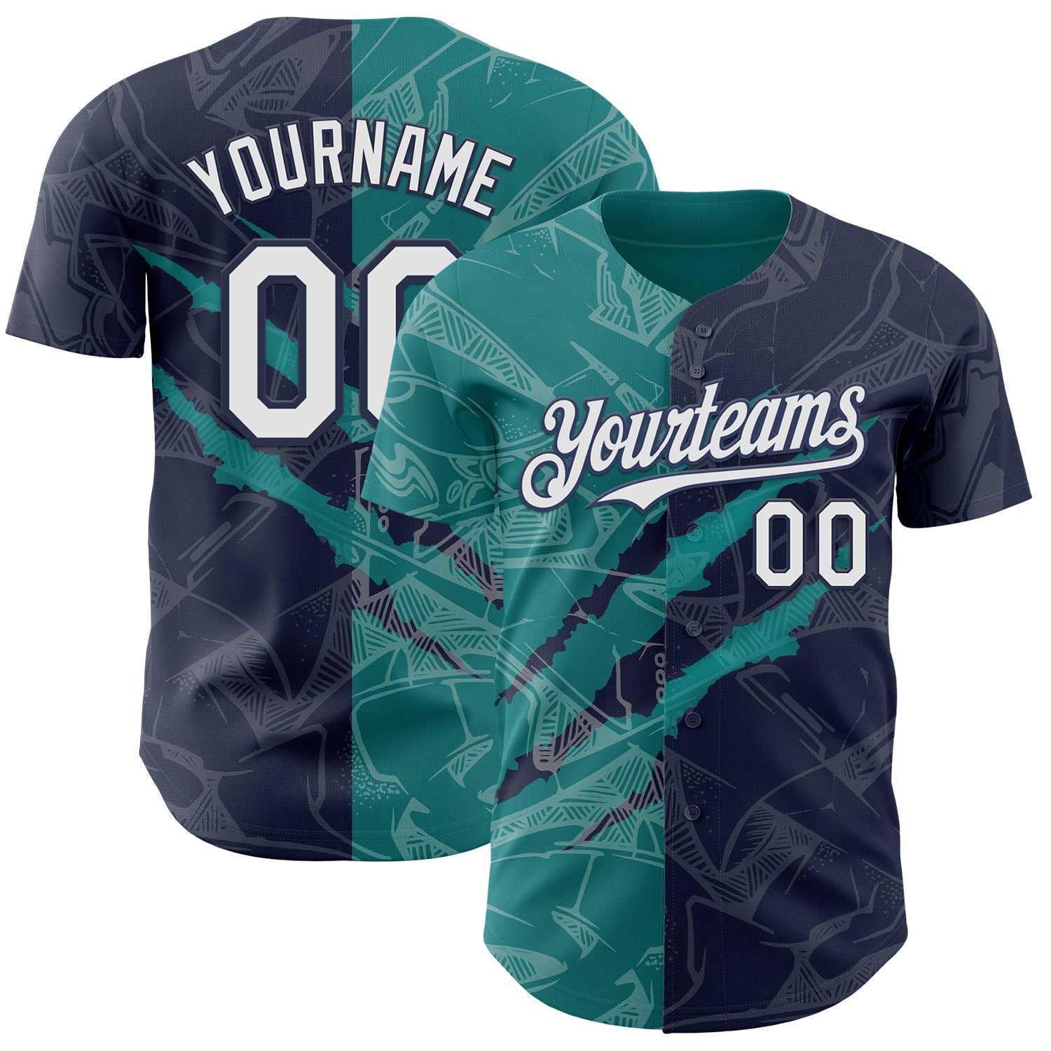 Custom Graffiti Pattern White Navy-Teal 3D Scratch Authentic Baseball Jersey - Main View