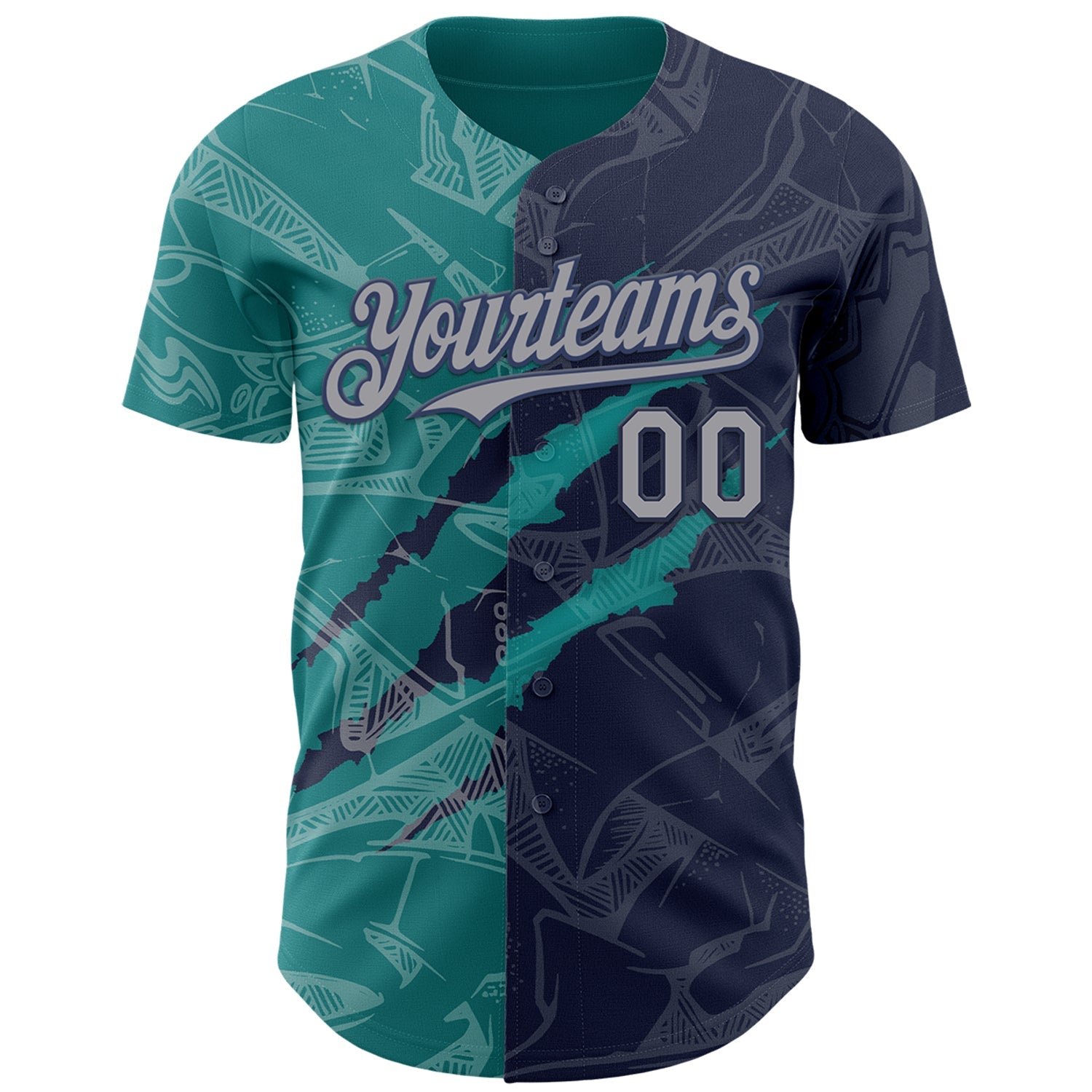 Custom Graffiti Pattern Gray Navy-Teal 3D Scratch Authentic Baseball Jersey view 2