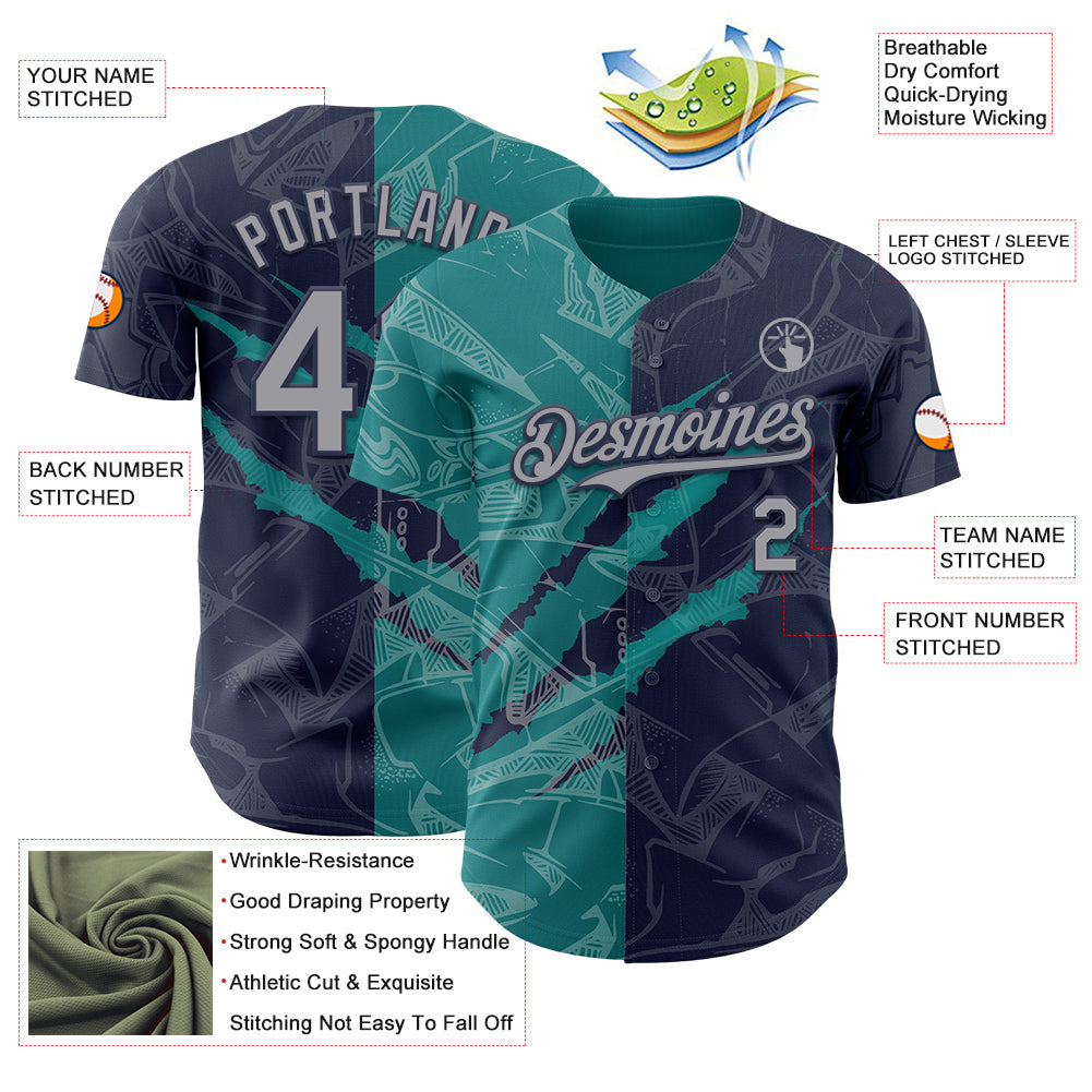 Custom Graffiti Pattern Gray Navy-Teal 3D Scratch Authentic Baseball Jersey view 3
