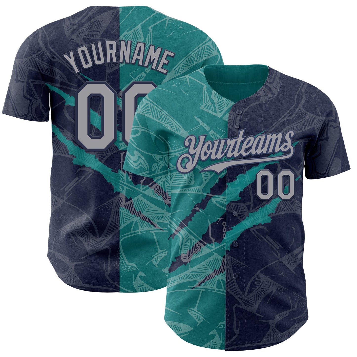 Custom Graffiti Pattern Gray Navy-Teal 3D Scratch Authentic Baseball Jersey - Main View