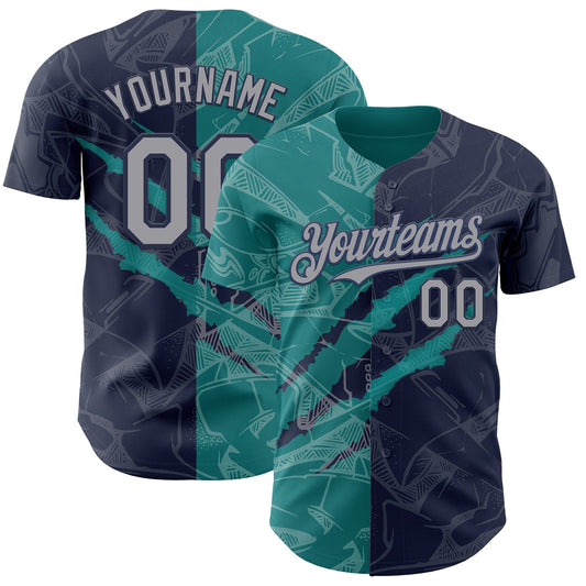 Custom Graffiti Pattern Gray Navy-Teal 3D Scratch Authentic Baseball Jersey - Main View