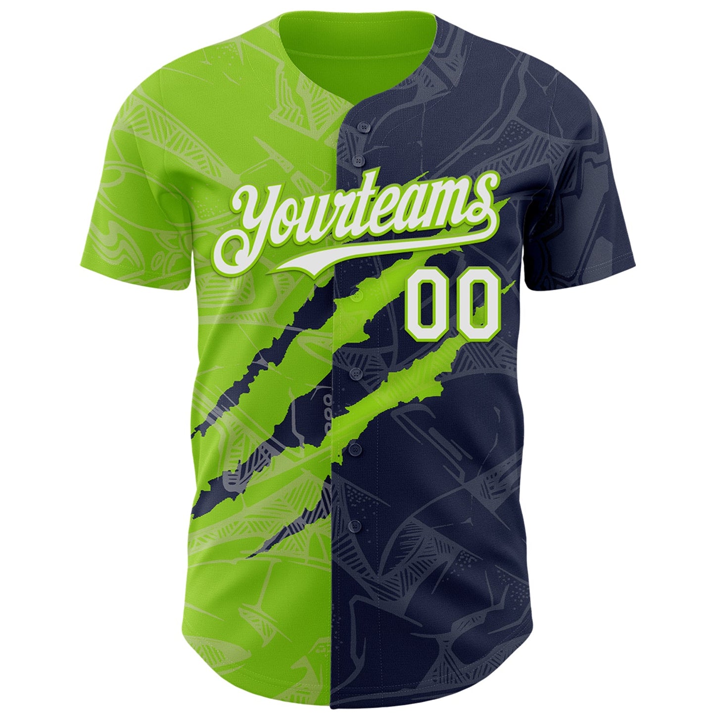 Custom Graffiti Pattern White Navy-Neon Green 3D Scratch Authentic Baseball Jersey view 2
