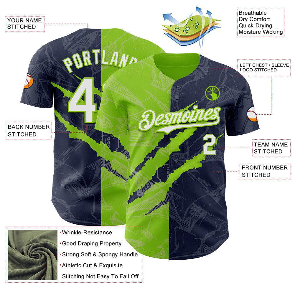 Custom Graffiti Pattern White Navy-Neon Green 3D Scratch Authentic Baseball Jersey view 3