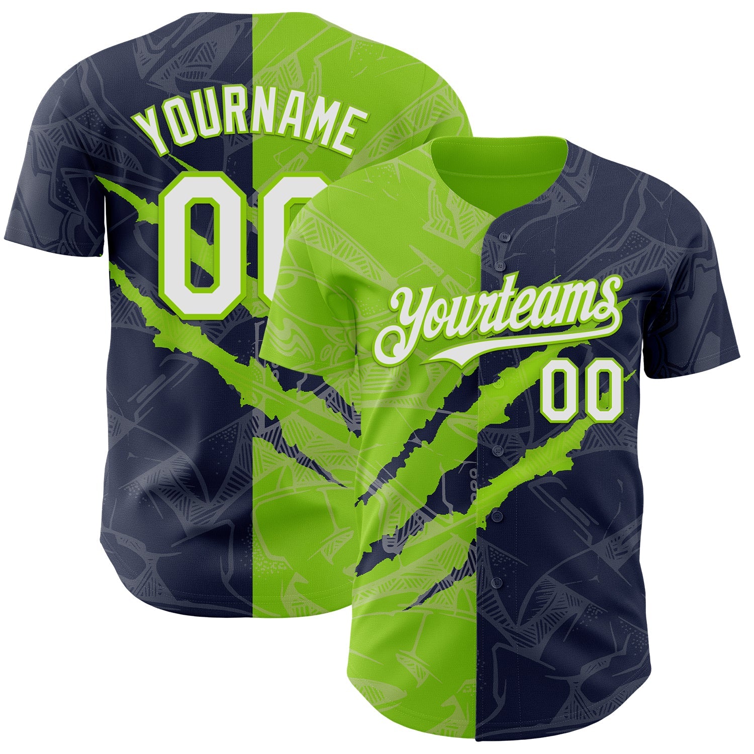 Custom Graffiti Pattern White Navy-Neon Green 3D Scratch Authentic Baseball Jersey - Main View