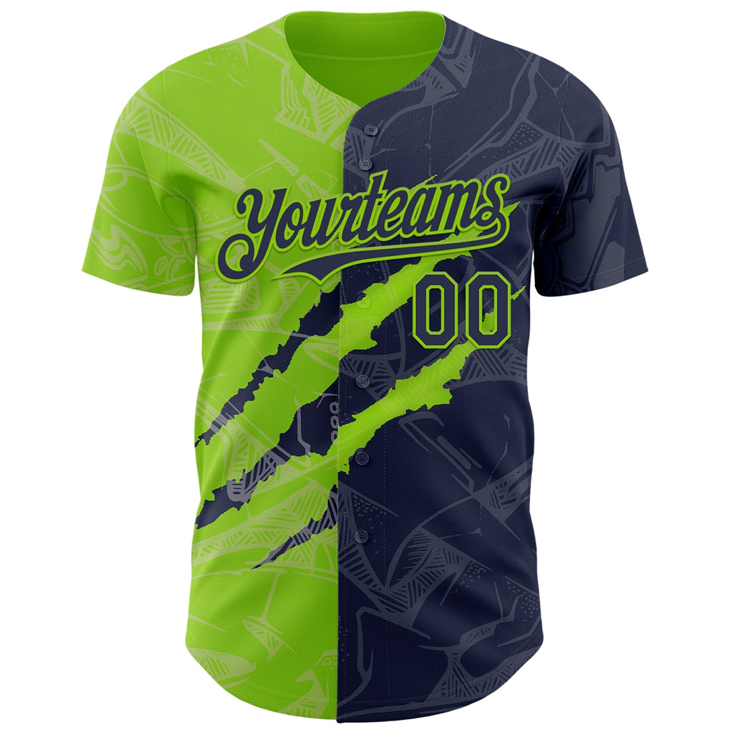 Custom Graffiti Pattern Navy-Neon Green 3D Scratch Authentic Baseball Jersey view 2