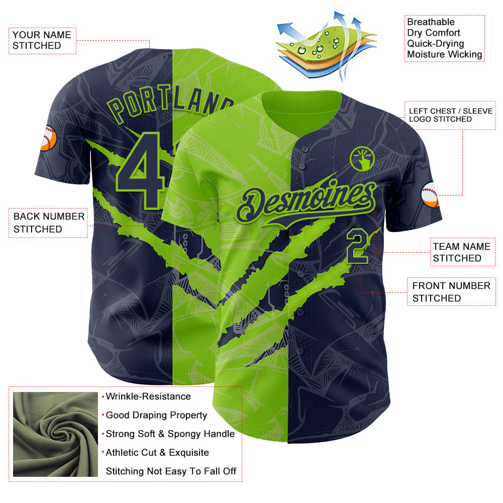 Custom Graffiti Pattern Navy-Neon Green 3D Scratch Authentic Baseball Jersey view 3