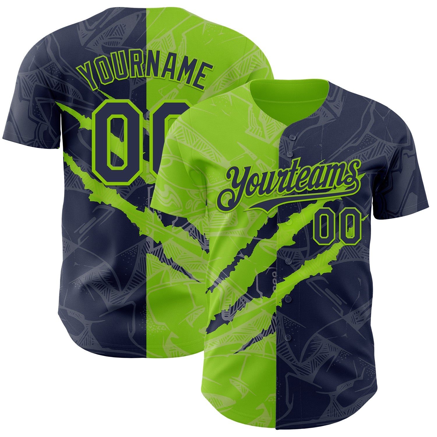 Custom Graffiti Pattern Navy-Neon Green 3D Scratch Authentic Baseball Jersey - Main View