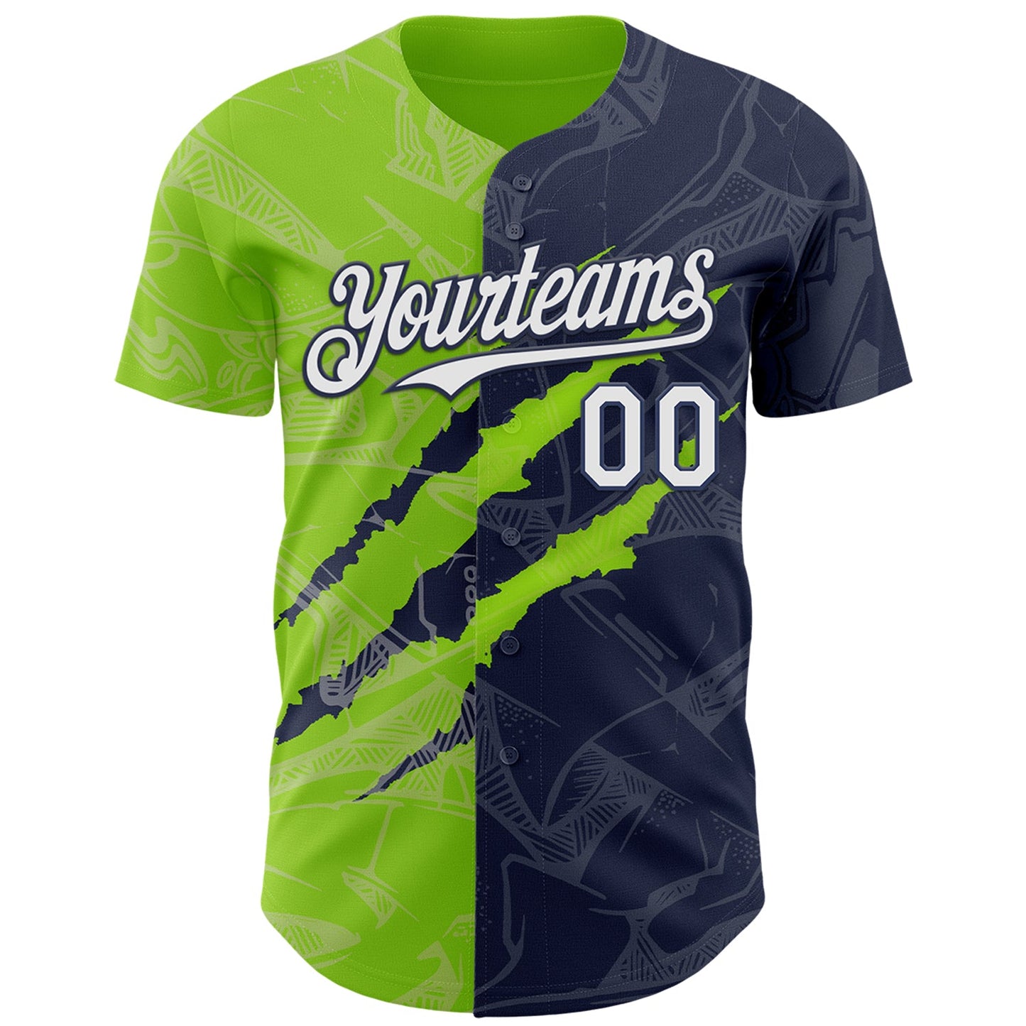 Custom Graffiti Pattern White Navy-Neon Green 3D Scratch Authentic Baseball Jersey view 2