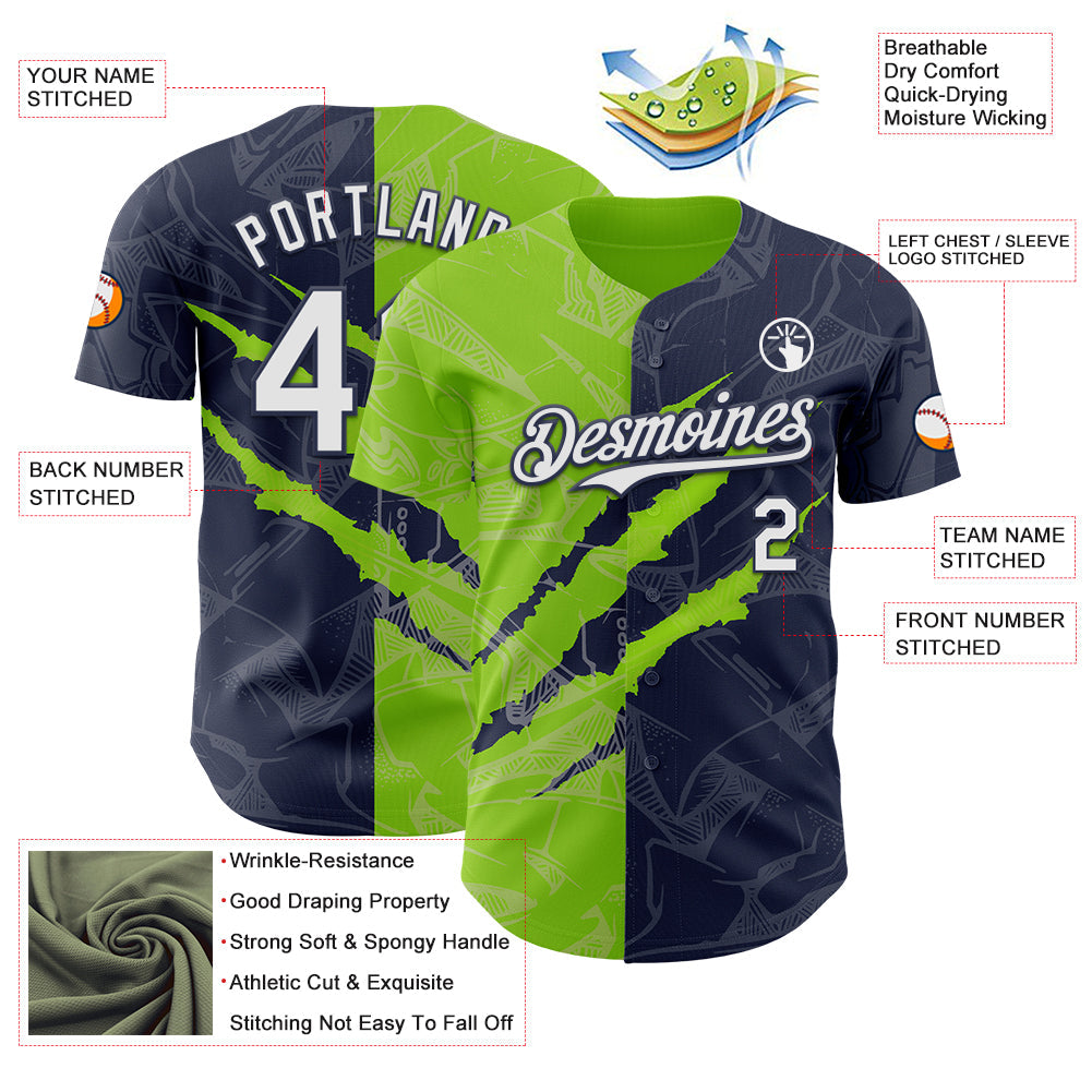 Custom Graffiti Pattern White Navy-Neon Green 3D Scratch Authentic Baseball Jersey view 3