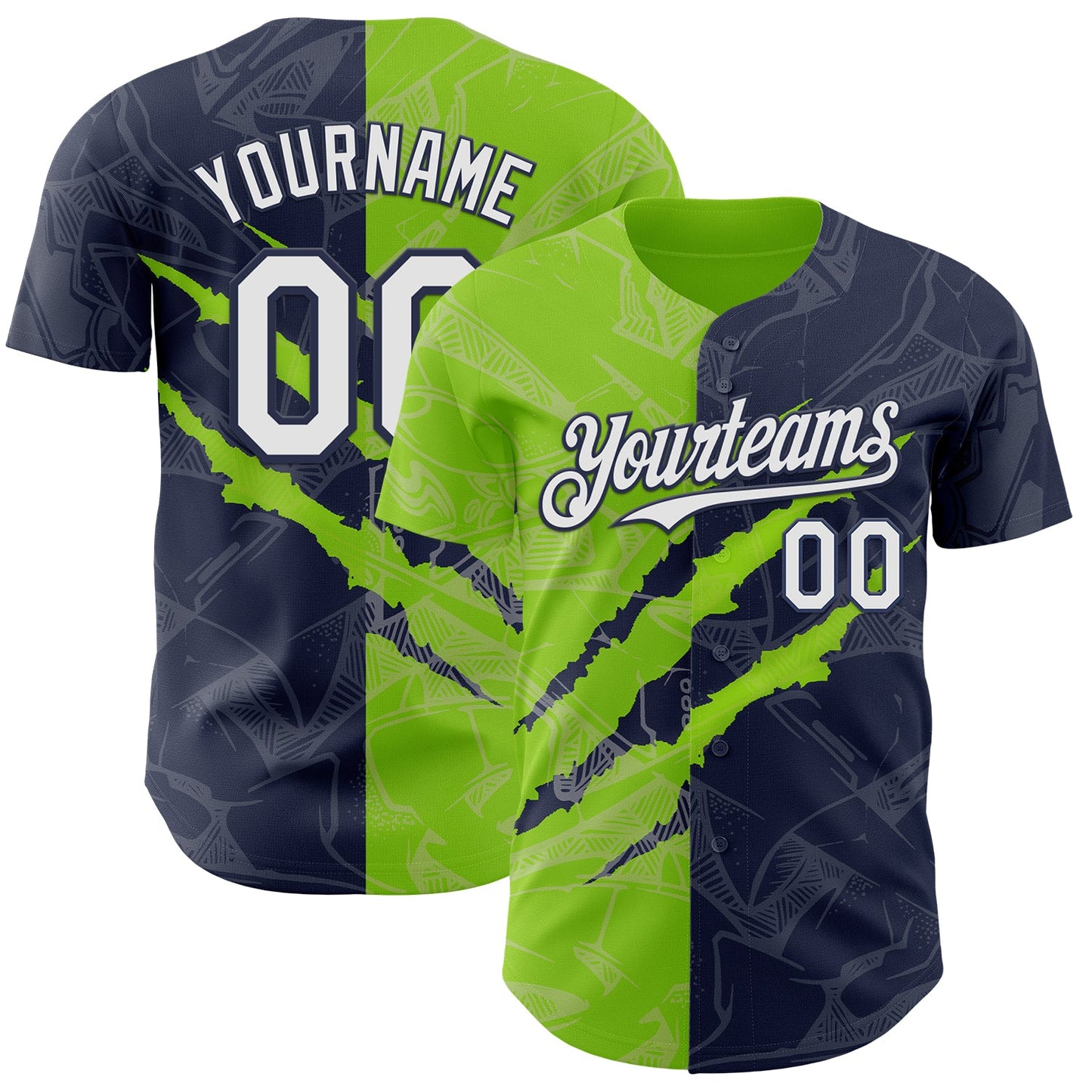 Custom Graffiti Pattern White Navy-Neon Green 3D Scratch Authentic Baseball Jersey - Main View
