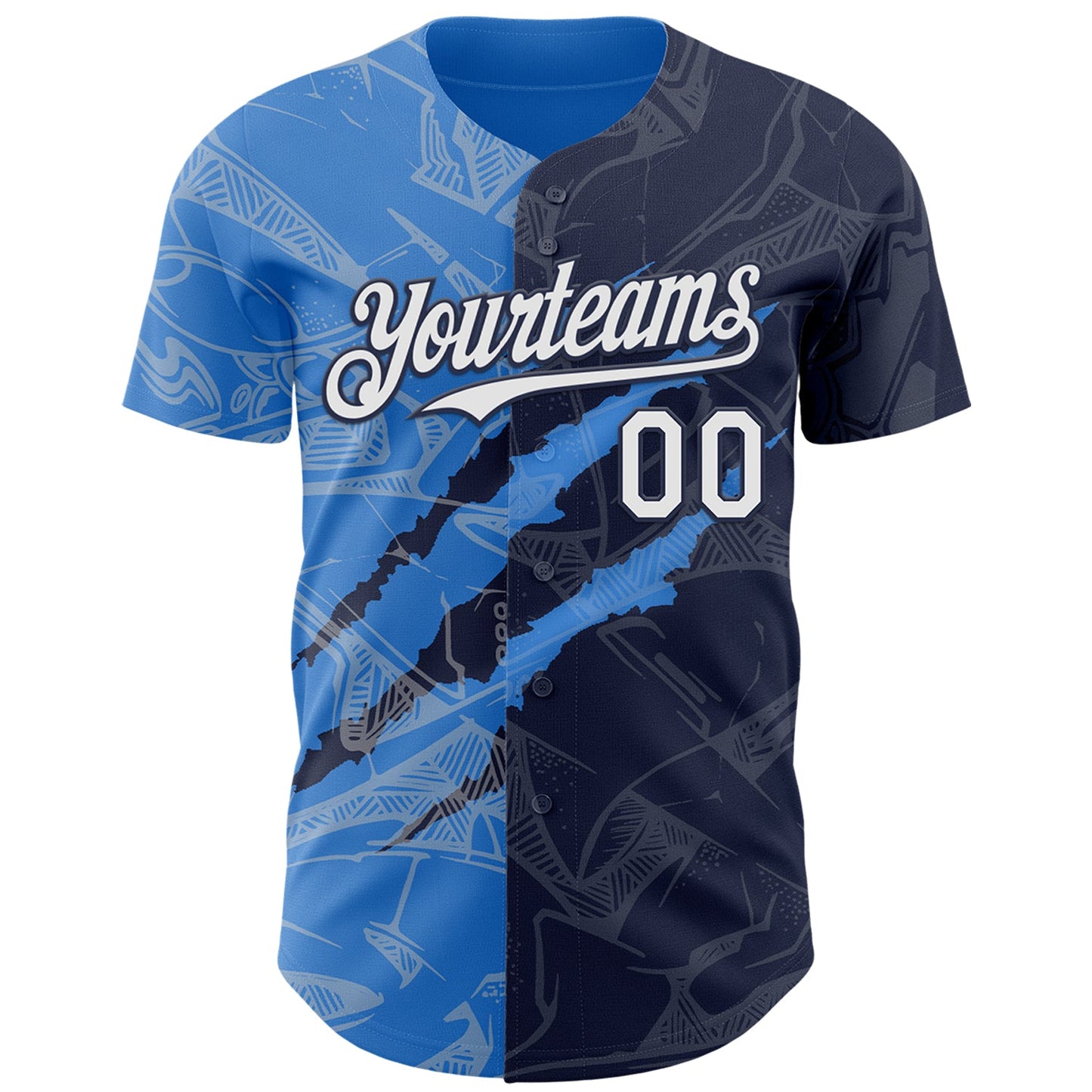 Custom Graffiti Pattern White Navy-Electric Blue 3D Scratch Authentic Baseball Jersey view 2