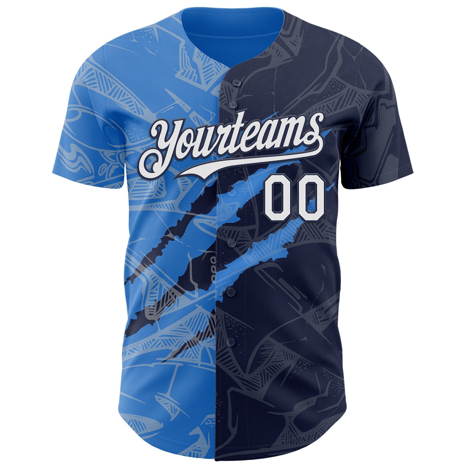 Custom Graffiti Pattern White Navy-Electric Blue 3D Scratch Authentic Baseball Jersey view 2
