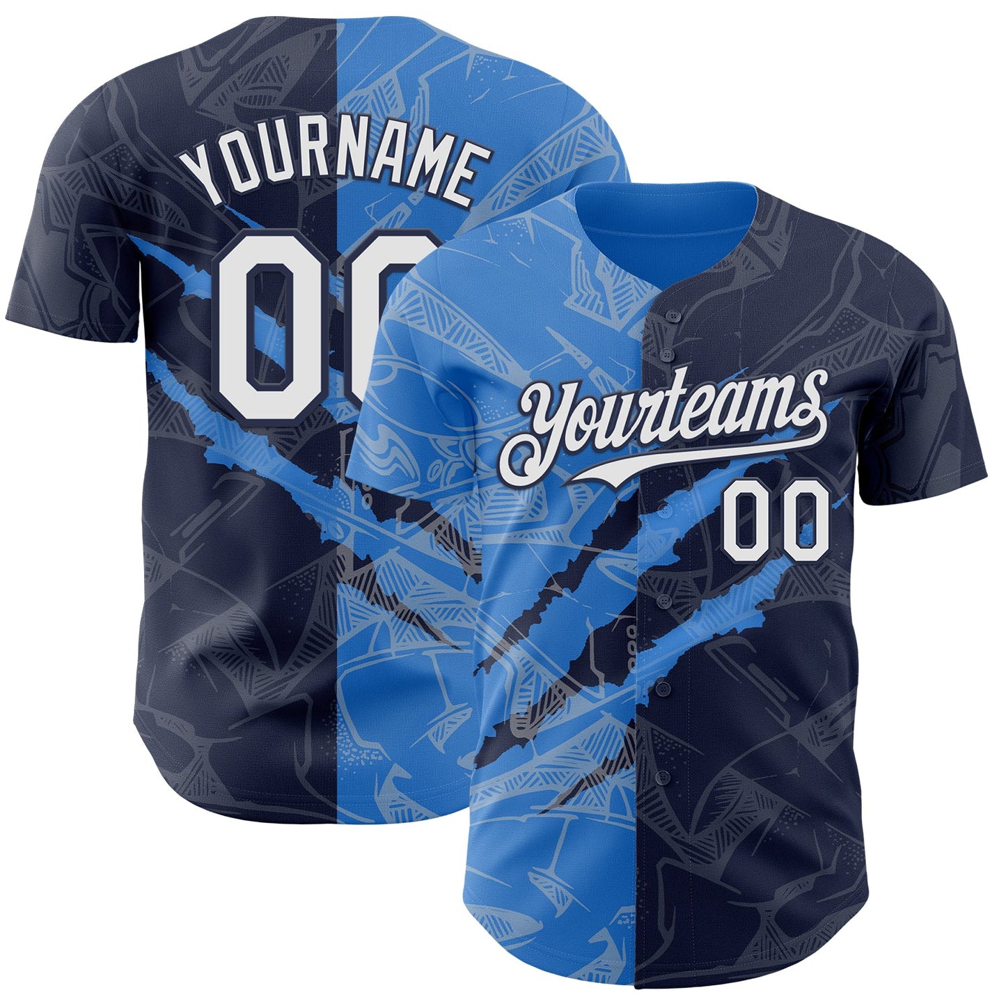 Custom Graffiti Pattern White Navy-Electric Blue 3D Scratch Authentic Baseball Jersey - Main View
