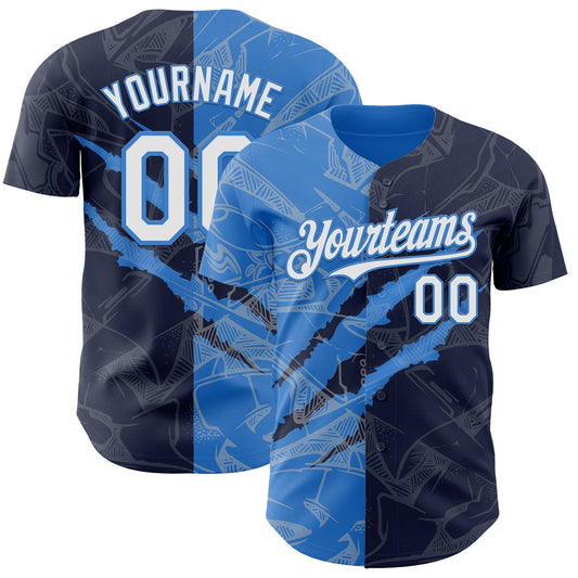Custom Graffiti Pattern White Navy-Electric Blue 3D Scratch Authentic Baseball Jersey - Main View