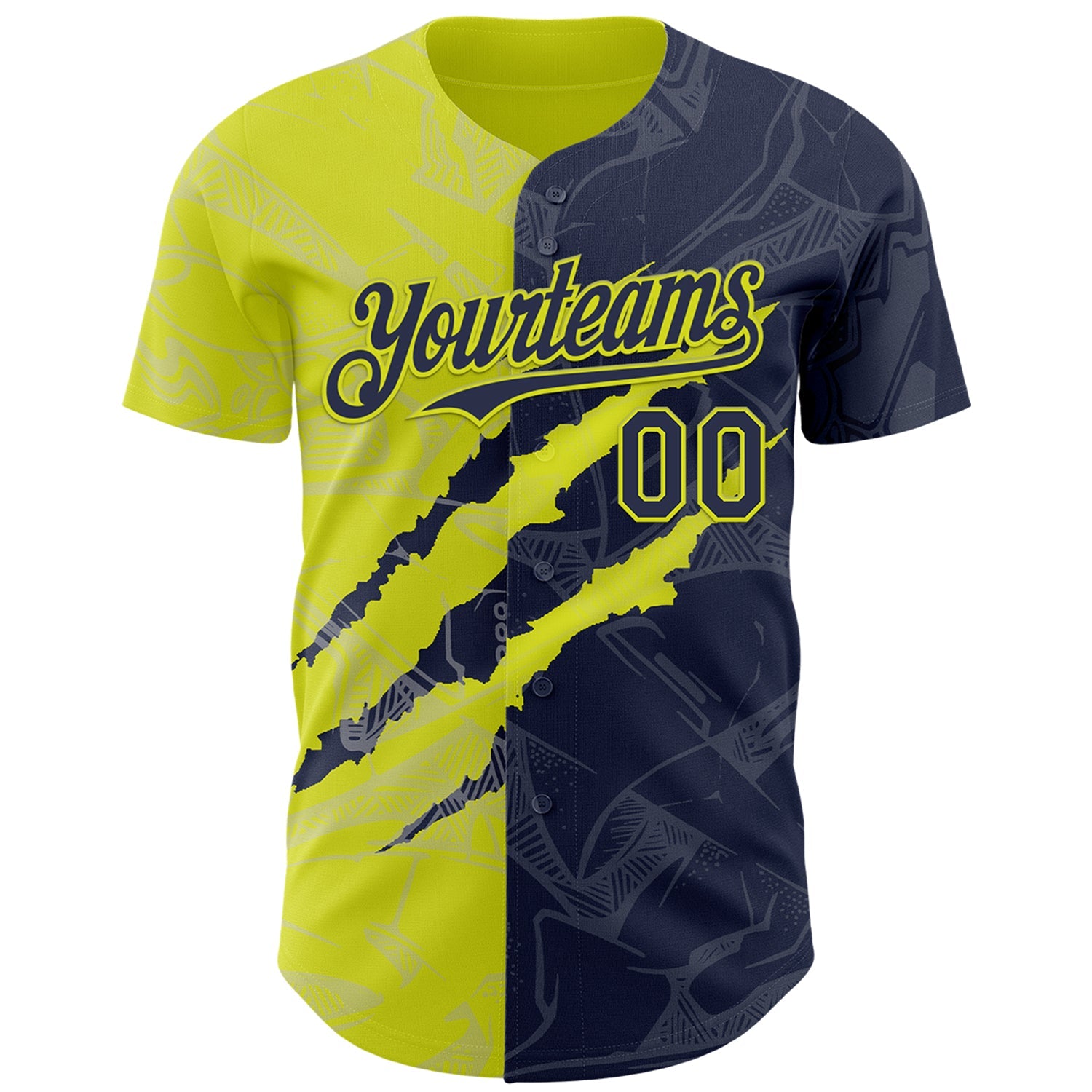 Custom Graffiti Pattern Navy-Neon Yellow 3D Scratch Authentic Baseball Jersey view 2