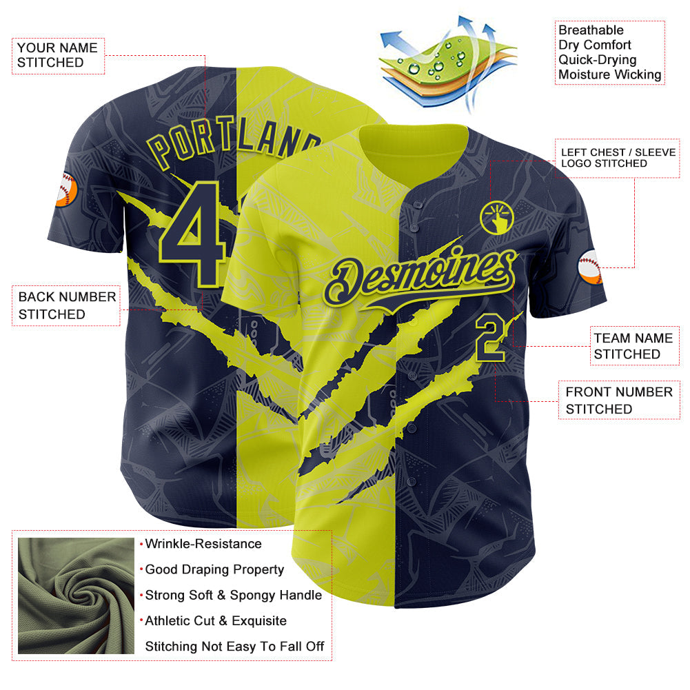 Custom Graffiti Pattern Navy-Neon Yellow 3D Scratch Authentic Baseball Jersey view 3