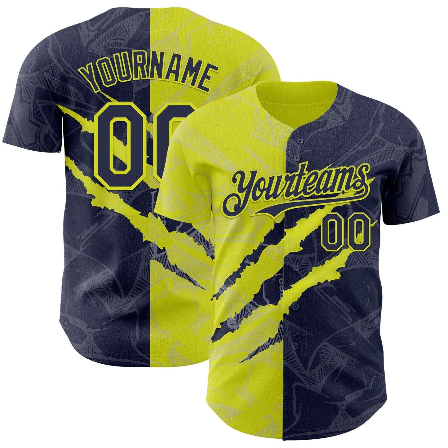 Custom Graffiti Pattern Navy-Neon Yellow 3D Scratch Authentic Baseball Jersey - Main View