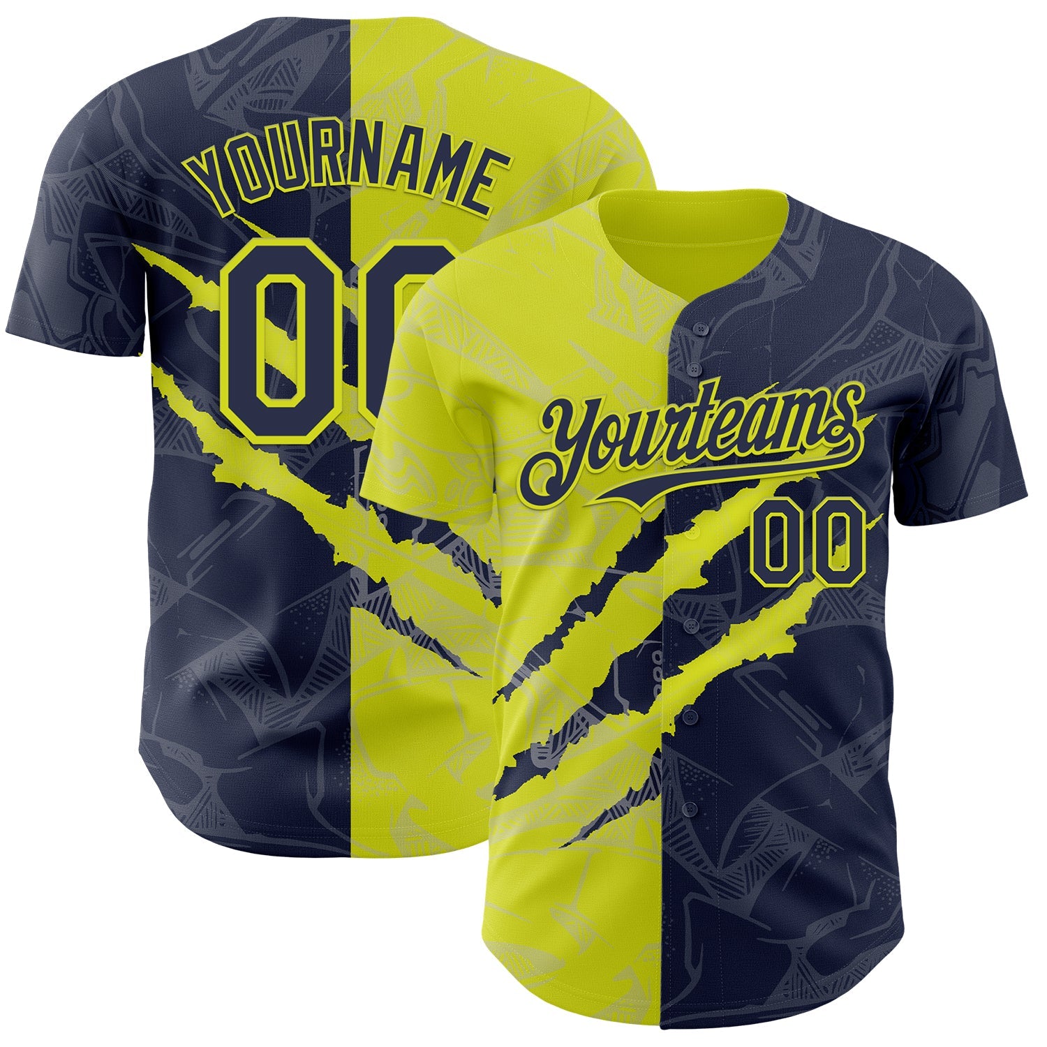 Custom Graffiti Pattern Navy-Neon Yellow 3D Scratch Authentic Baseball Jersey - Main View