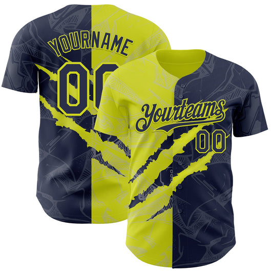 Custom Graffiti Pattern Navy-Neon Yellow 3D Scratch Authentic Baseball Jersey - Main View
