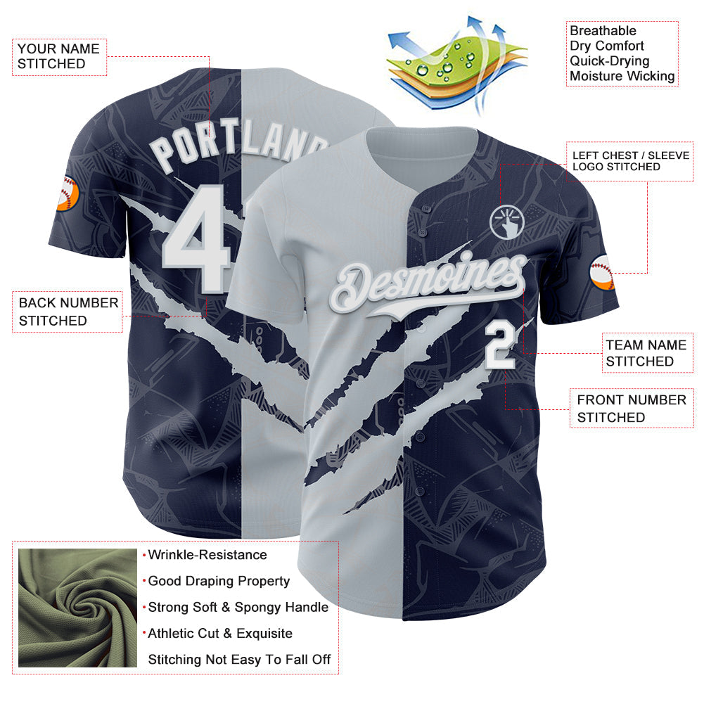 Custom Graffiti Pattern White Navy-Silver 3D Scratch Authentic Baseball Jersey view 3